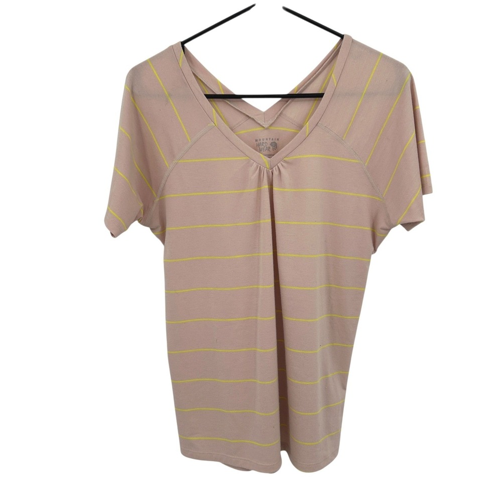 Mountain Hardwear Athletic V‎ Neck Top M Blush Pink Yellow Stripe Outdoor Gorp